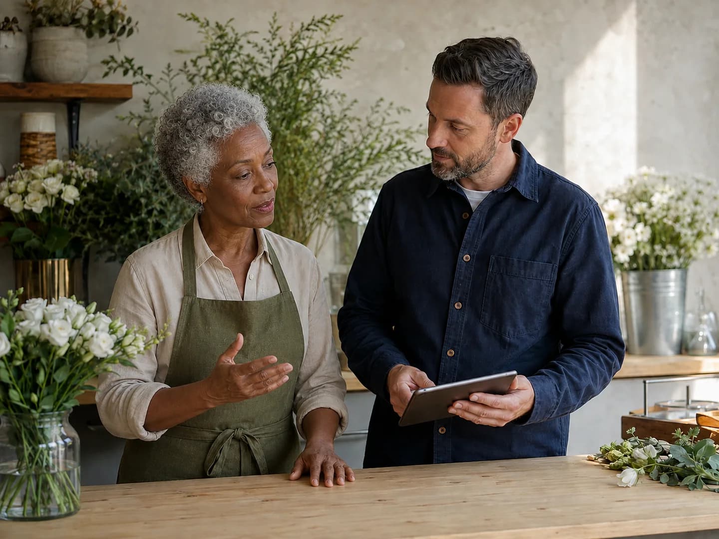 An illustrative scene of a payments advisor listening to a florist at her shop