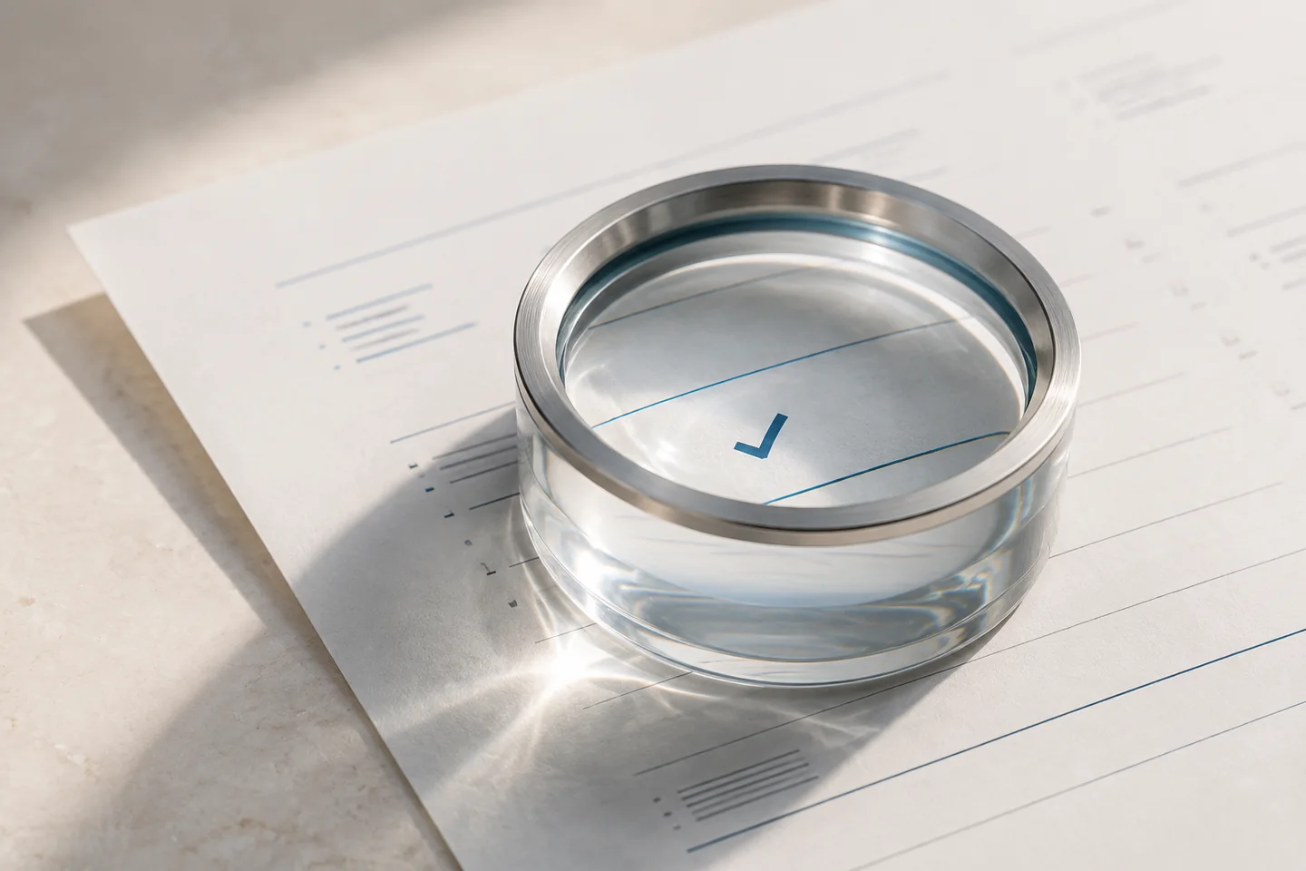 An optical glass loupe bringing a statement's checkmark into focus, an illustration of clarity