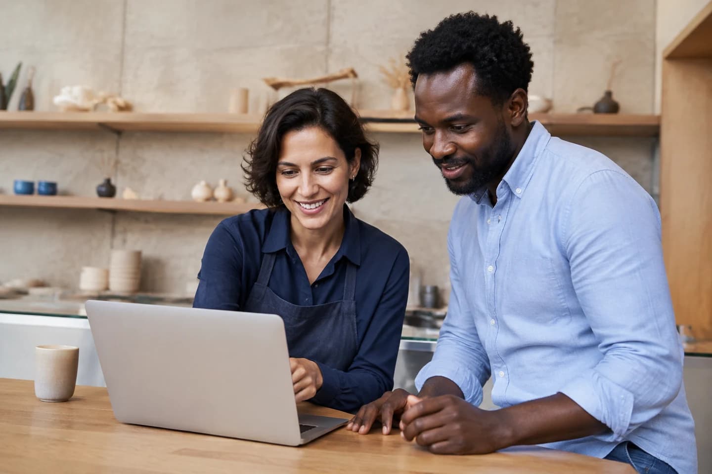 Two professionals collaborating at a business, an illustrative partnership scene.