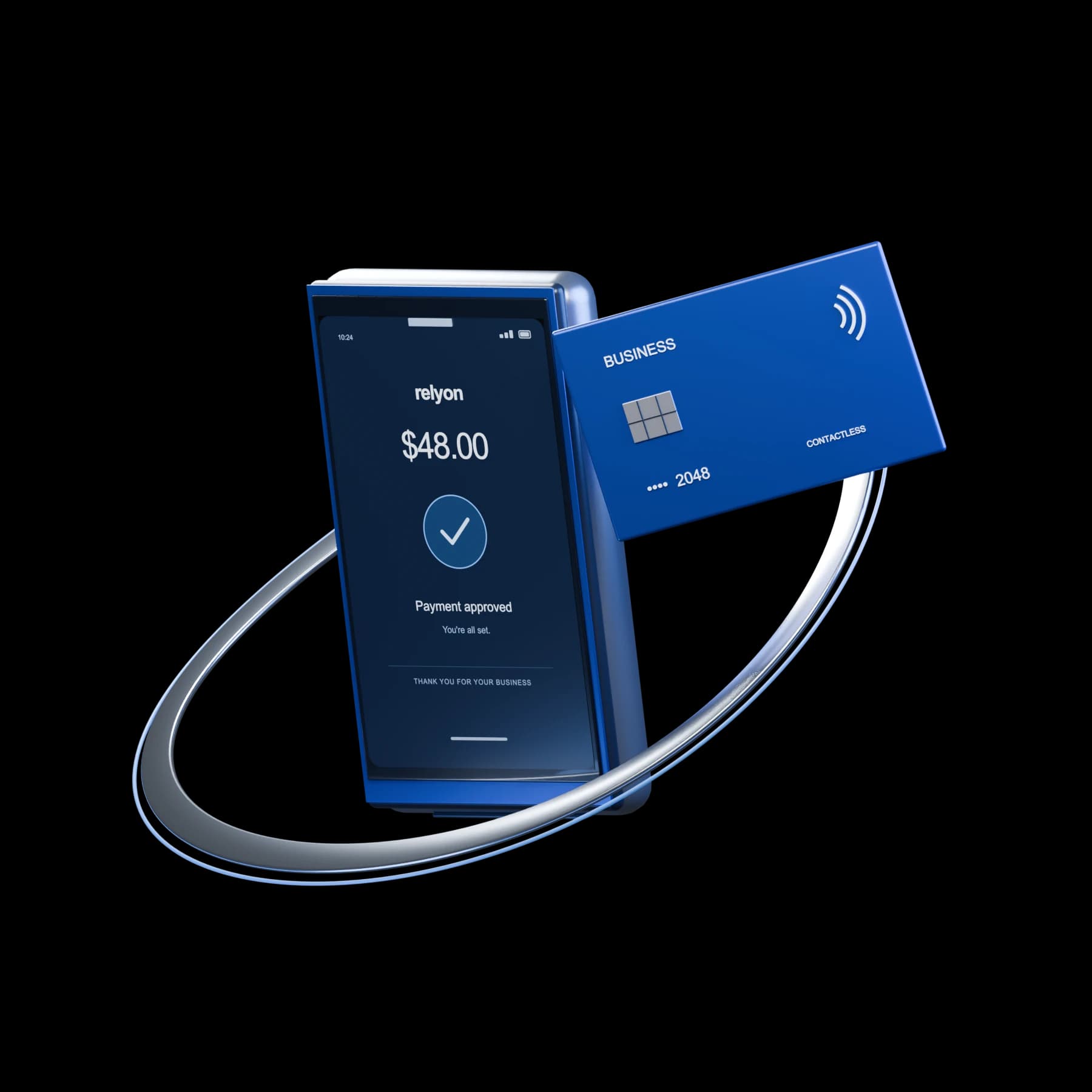 A titanium terminal and blue card connected by a silver ribbon. Conceptual payment illustration.