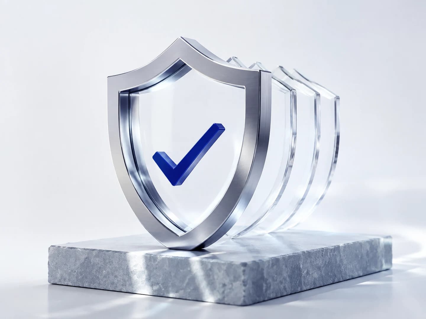 An aluminum and glass shield with a blue check, an illustration of transparency and trust.